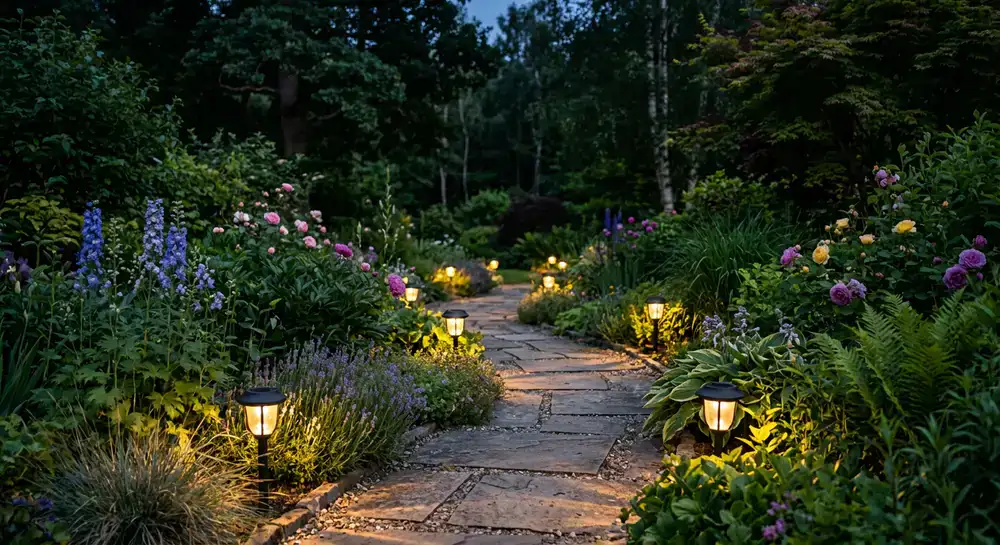 Warm solar lights along a garden path