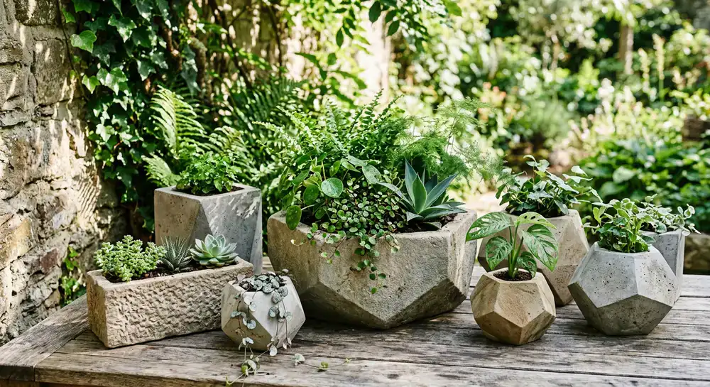 Geometric stone planters with lush greenery