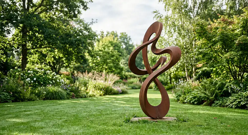 Modern abstract garden statue on a lawn