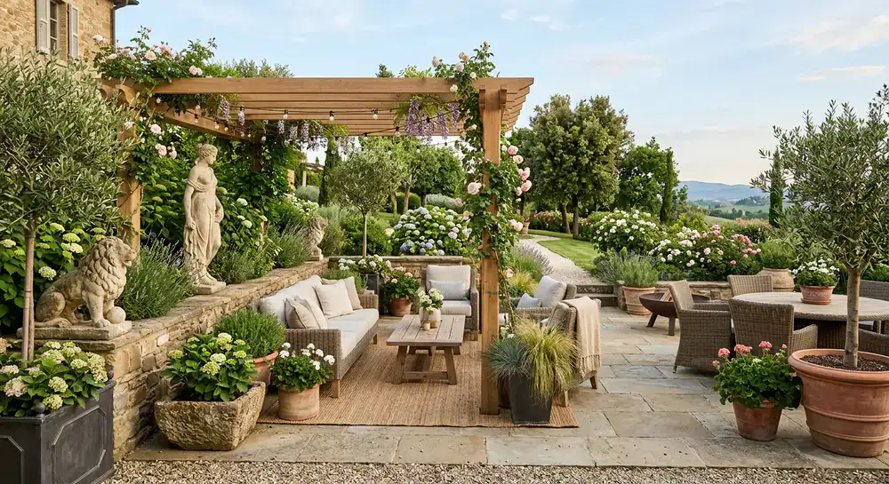 Elegant outdoor living space with weather resistant planters and decorative statues