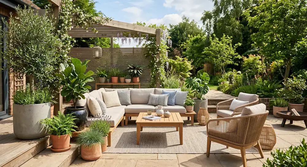Fully decorated modern patio space with our planters and furniture