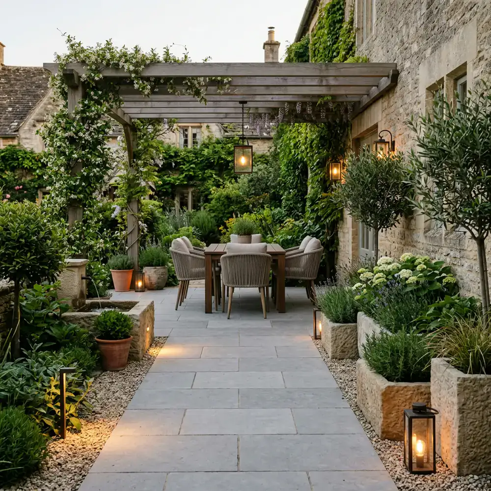 Elegant minimalist garden patio with stone planters and ambient lighting