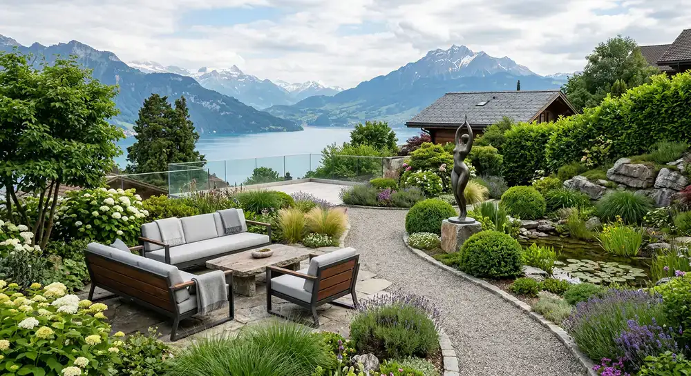 A beautifully landscaped garden in Switzerland featuring premium decorative statues and modern seating.