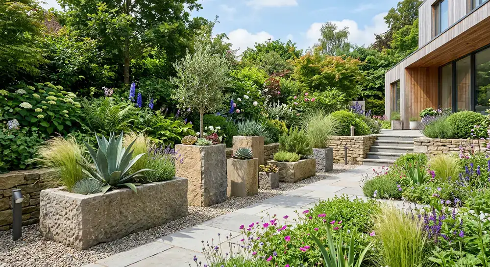 A beautifully landscaped garden featuring modern minimal stone planters