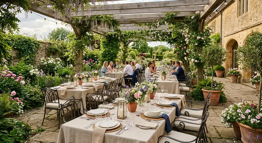 Large elegant outdoor dining area decorated with premium weather-resistant garden decor