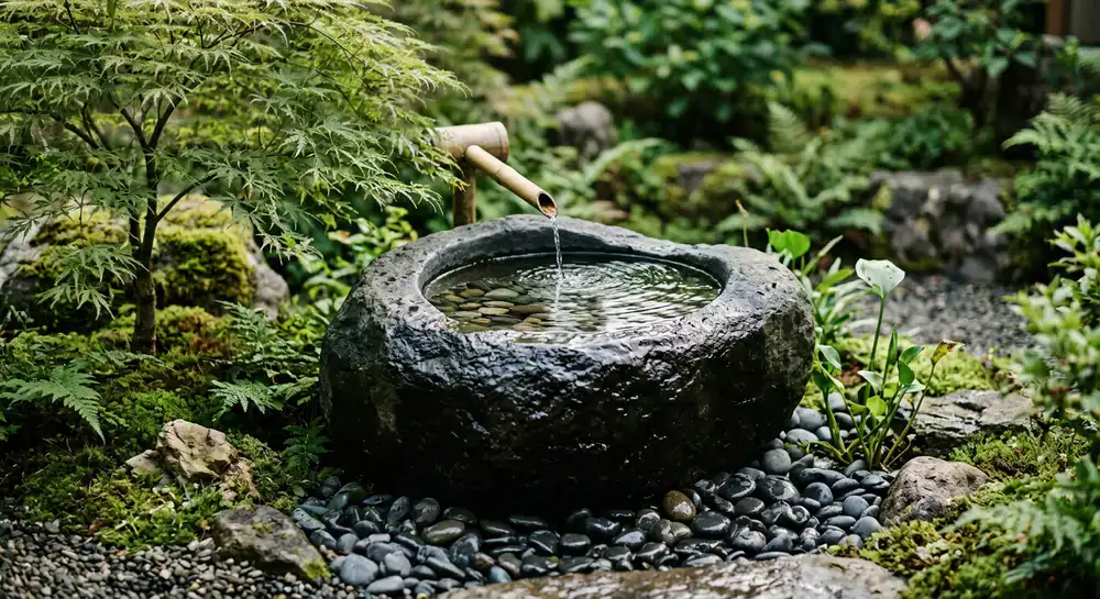 Minimalist dark stone water feature