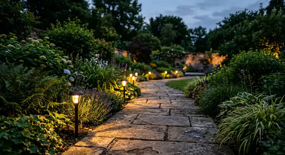 Warm solar garden lights illuminating a stone pathway