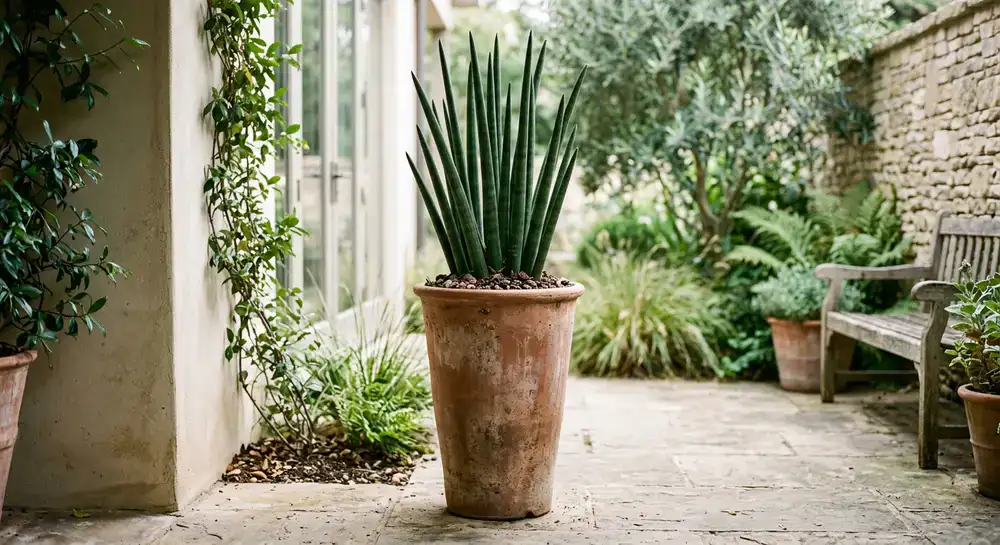 Tall terracotta planter holding a sculptural architectural plant