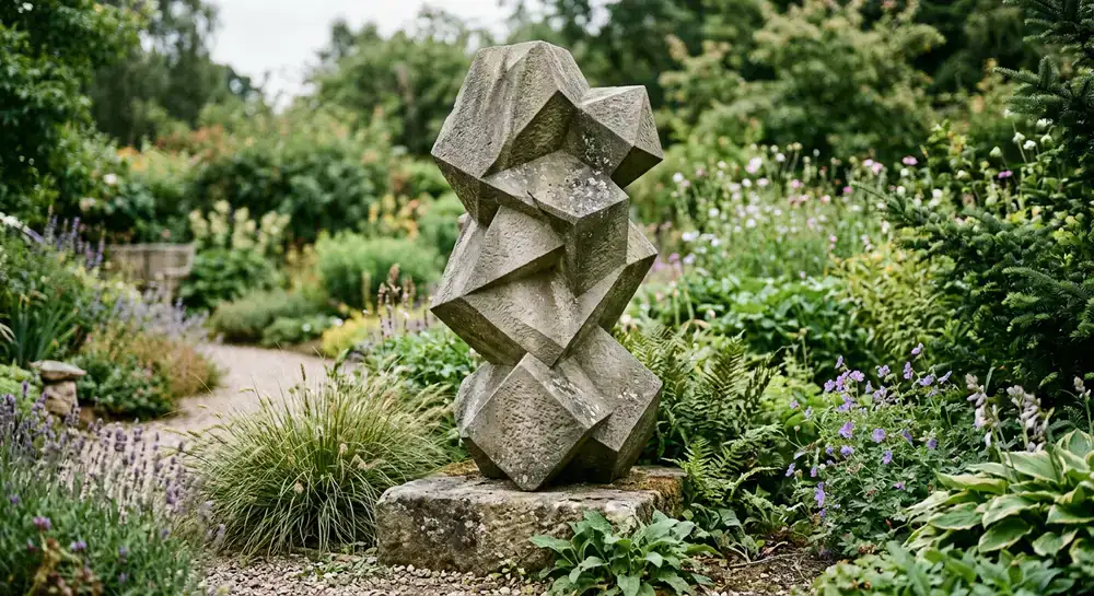 Contemporary geometric garden statue made of weathered stone