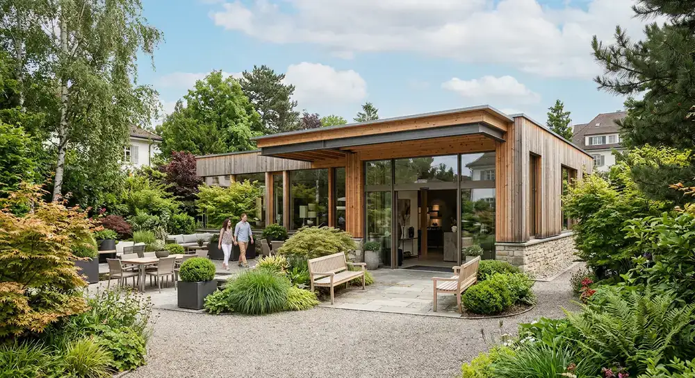 The exterior of the MNValPro Garden Living showroom in Basel.
